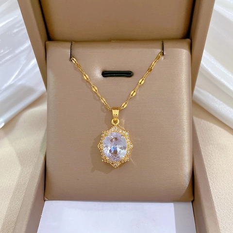 Elegant Oval Zircon Pendant Necklace Stainless Steel Chain Copper Micro Inlaid Crystal Women Banquet Jewelry