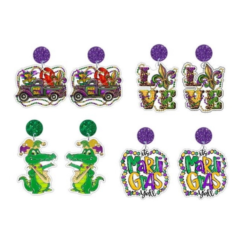 Pendientes Colgantes Mardi Gras Acrílico Brillo Joyería Festiva Con Poste De Acero Inoxidable Diseño Cocodrilo Camión
