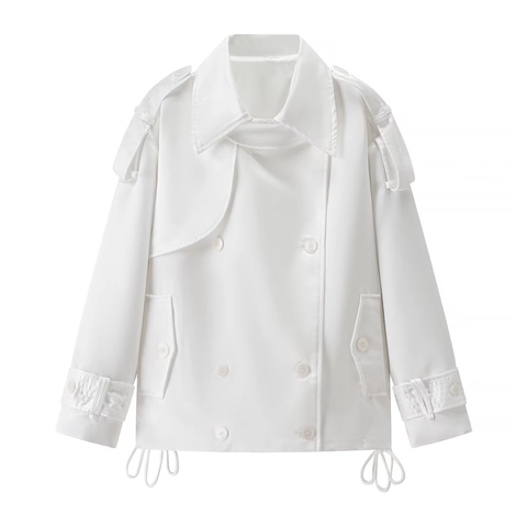 Trench Coat Court Pour Femmes Veste À Double Boutonnière Avec Épaulettes Et Cordon De Serrage Blanc Polyester Élégant