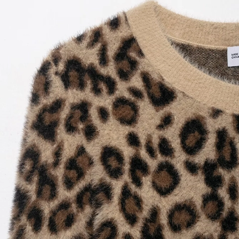 Damen Leopard Strickpullover Rundhals Flauschig Kurz Geschnitten Langarm Retro Casual Oberteil