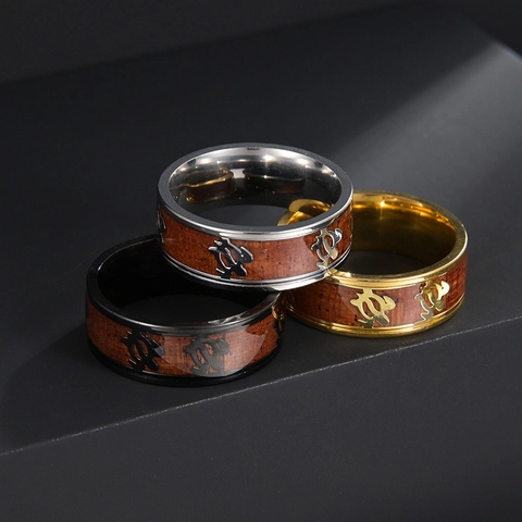 Natural Wood Inlay Sea Turtle Ring For Men Unisex Alloy Electroplated Band Gold Silver Black Tribal Hawaiian Fashion Jewelry Ring