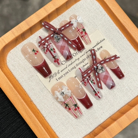 Handmade Sweet Red Cherry Plaid Press On Nails Long Coffin 3D Bow Heart Rhinestone Reusable False Nails Set For Women
