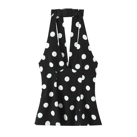 Women Polka Dot Halter Top Sexy V Neck Sleeveless Polyester Peplum Blouse Retro Vintage Summer Backless Shirt