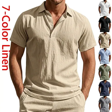Men Short Sleeve Polo Shirt Linen Blend Breathable Summer Beach Casual Solid Color Lapel Button Top
