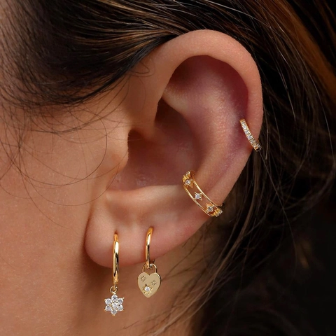 Minimalist Heart Star Flower Hoop Dangle Earrings Copper Gold Plated With Zircon Sparkly Fashion Jewelry For Women