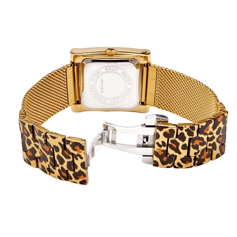 Orologio al Quarzo Rettangolare da Donna Oro Cinturino in Maglia di Acciaio Inossidabile Stampa Leopardata Moda