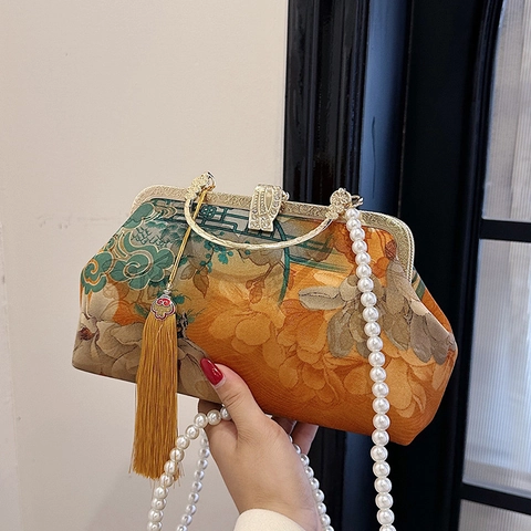 Women Retro Chinese Style Floral Print Satin Brocade Evening Bag With Artificial Pearl Chain Tassel Detachable Strap