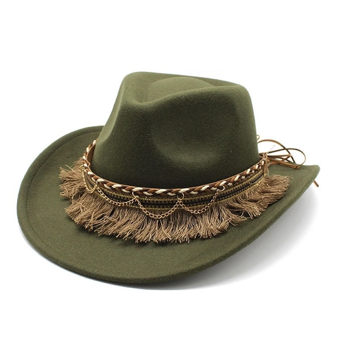 Vintage Western Cowboy Hat Wool Felt Wide Brim Tassels Metal Chains Braided Band Bohemian Ethnic Jazz Style