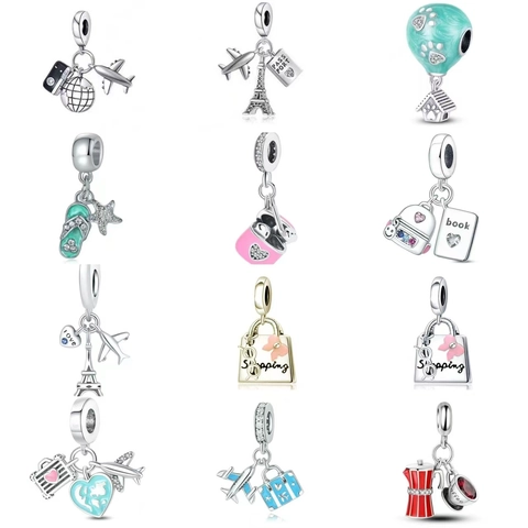 Travel Series Charms Alloy Enamel Zircon Dangle Beads For DIY Bracelet Airplane Globe Eiffel Tower Shopping Bag