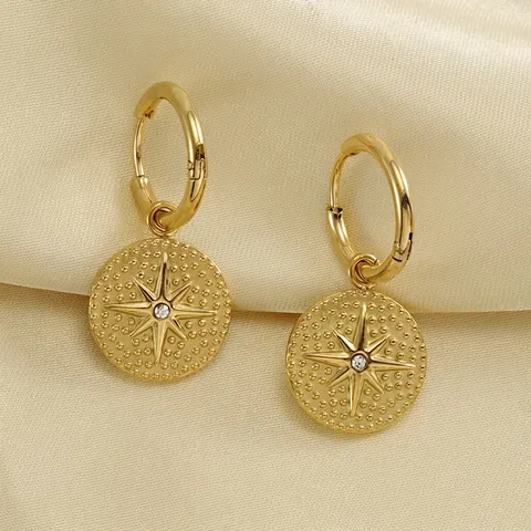 Noordster Hoop Oorbellen Roestvrij Staal 18K Verguld Achtpuntige Ster Hanger Zirkoon Retro Boheems Vrouwen