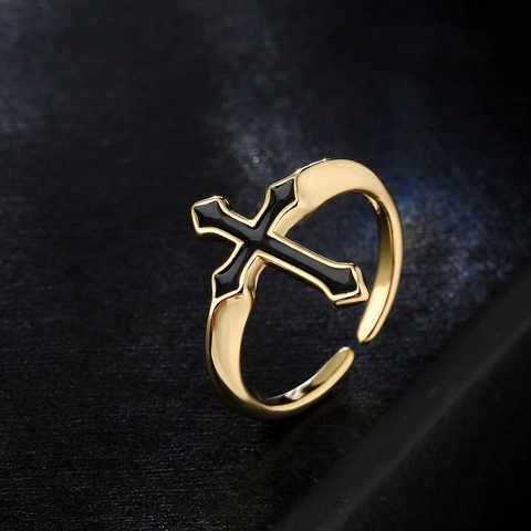 Cross Open Ring Copper 18K Gold Plated Zircon Black Enamel Geometric Vintage Adjustable Trendy Jewelry For Women