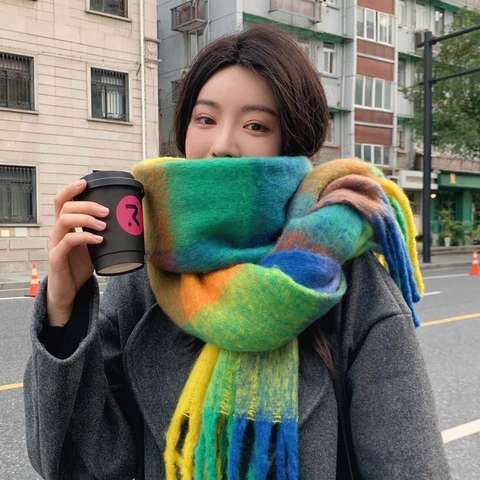 Mode Bunter Plaid Kettengewirkt Schal Damen Winter Verdickt Warm Quasten Lange Schal Stola Vielseitiger Polyester Schal