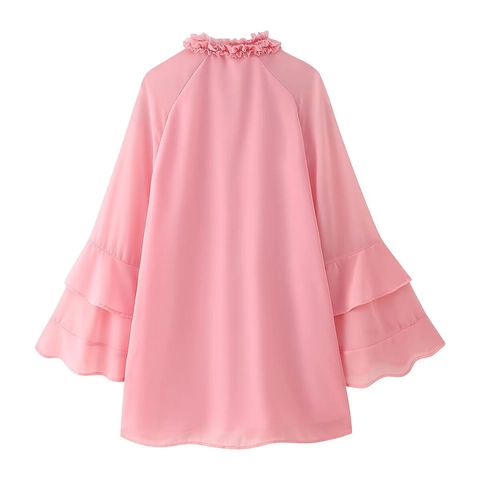 Damen Chiffon Bluse Rüschen Bindekragen Lose Boho Oberteil Gestufte Glockenärmel Elegant Rosa Hemd