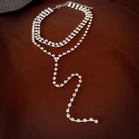 Rhinestone Multi Layer Tassel Necklace Luxury Long Y Shaped Fringed Alloy Sparkling Elegant Sweater Chain For Women