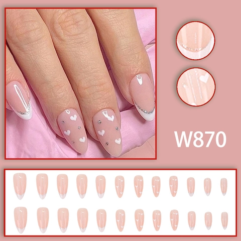 Long Almond Press On Nails Nude White French Tips Silver Glitter White Heart Elegant Artificial Fake Fingernails With Glue