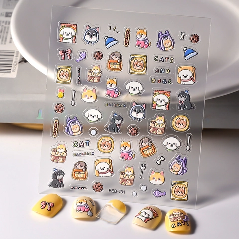 5D 3D Geprägte Nagelkunst Aufkleber Cartoon Katzen Hunde Welpen Kekse Süße Relief Selbstklebende Wasserdichte Maniküre Dekor