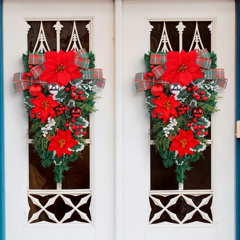Decorazione Natalizia Da Appendere Alla Porta Fiori Di Poinsettia Artificiali Aghi Di Pino Fiocco A Quadri Bacche Addobbi Festa