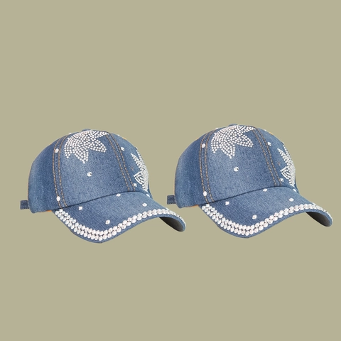 Cappello Da Baseball Denim Blu Strass Motivo Foglia Cappello Da Sole Regolabile Trendy Hip Hop Donna