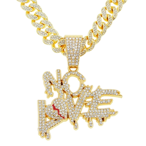 Collier Pendentif Cœur Brisé No Love Alliage Strass Chaîne Cubaine Style Hip Hop Bijoux Pour Hommes