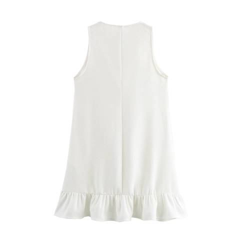 White Sleeveless V-Neck Mini Dress With Bowknot Decoration Coarse Spun Tweed Ruffle Hem Elegant Baby Doll Style For Women