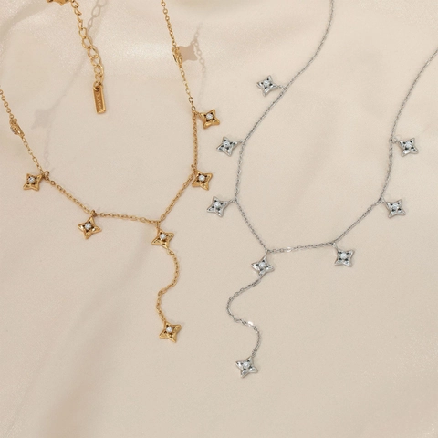 Collana A Forma Di Y In Acciaio Inossidabile Ciondoli Stella A Quattro Punte Zircone Nappa Moda Minimalista Per Donne