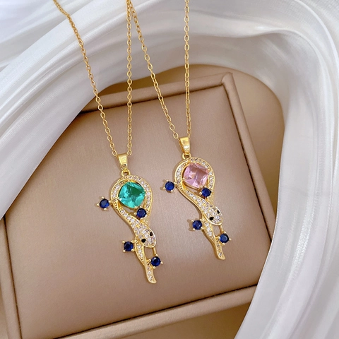 Collier Pendentif Serpent Chaîne En Acier Inoxydable Cuivre Zircone Pierres Colorées Bijoux Élégants Plaqué Or Femmes