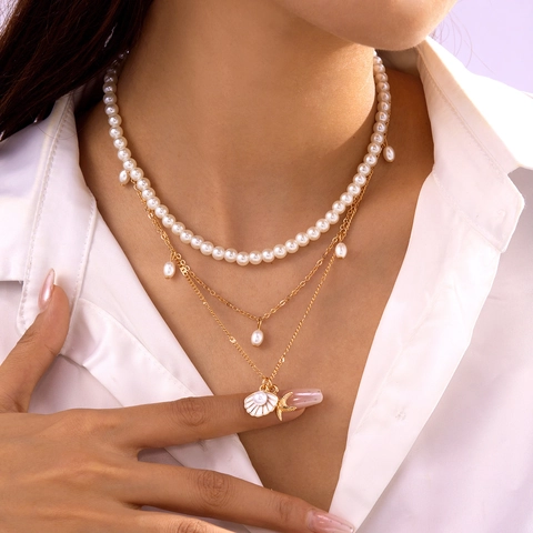 Collar De Capas De Estrella De Mar Concha Perla Artificial Aleación Dorada Joyería De Playa Estilo Bohemio Mujeres