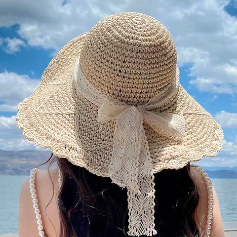Cappello Di Paglia Da Donna Cappello Da Sole Tesa Larga Pieghevole Spiaggia Pizzo Fiocco Perla Artificial Ricamo Floreale Vacanze Estive Protezione UV