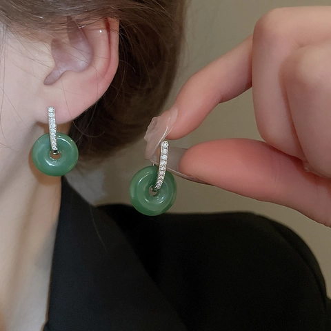 Orecchini A Cerchio Pingan Kou In Giada Verde Stile Neo Cinese Con Zircone Rame Silver Earring Post Gioielli Eleganti