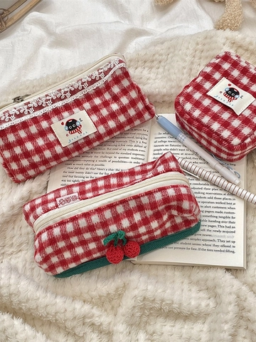 Rood Wit Geblokte Tweed Etui Grote Capaciteit Cosmetische Make-up Tas Met Kant Kers Decor Voor Studenten