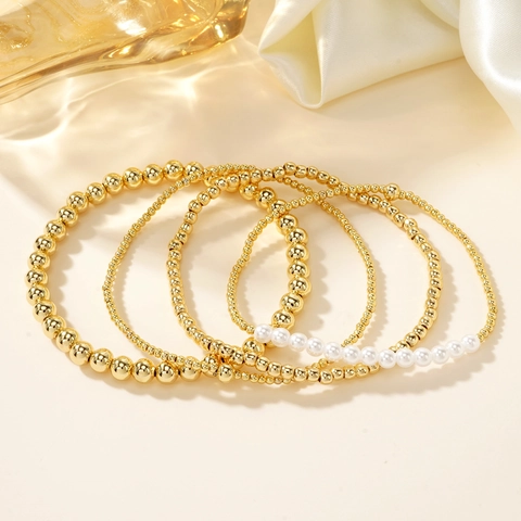 Pulsera de Cuentas de Cobre Hecha a Mano Perla Artificial Oro Cuentas de Metal Pulseras Bohemias de Capas para Joyería de Mujer