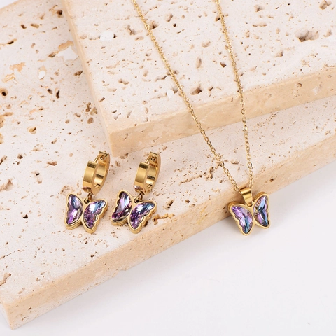 Butterfly Pendant Necklace And Stud Earrings 304 Stainless Steel Gold Plated Purple Crystal Fashion Jewelry For Women