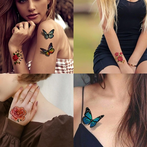 Adesivi Per Tatuaggi Temporanei Farfalla Fiore Colorato 3D Per Donne Arte Del Corpo Impermeabile Rosa Loto Magnolia Moda