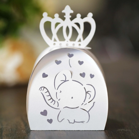 Elegant Elephant Crown Laser Cut Candy Box Pearlescent Paper Wedding Favor Chocolate Gift Bag Baby Shower Party Decoration