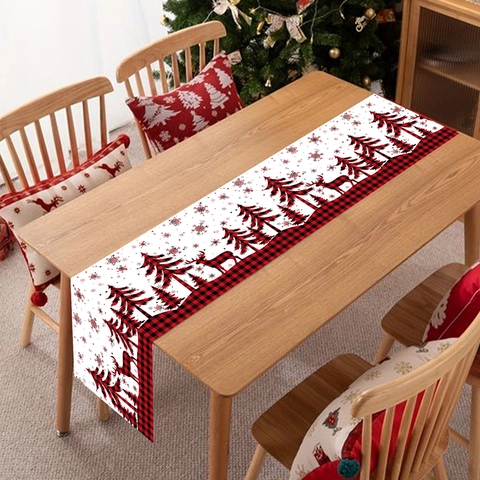 Christmas Table Runner Red Black Buffalo Plaid Reindeer Snowflake Polyester Holiday Dining Home Party Table Decoration