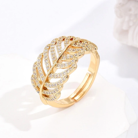 Verstellbarer Offener Ring Für Frauen Feder Blatt Design Gold Vergoldet Kupfer Zirkonia Eingelegt Trendiger Schmuck