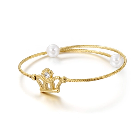 Bracelet Jonc Couronne en Acier Inoxydable Élégant pour Femme Avec Perles Artificielles Strass Corde Torsadée Bijoux Cadeau