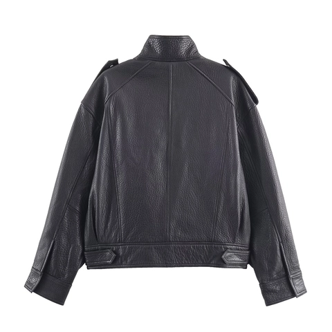 Women Faux Leather Bomber Jacket Stand Collar Epaulets Oversized Casual Streetwear Zip Up Coat Black
