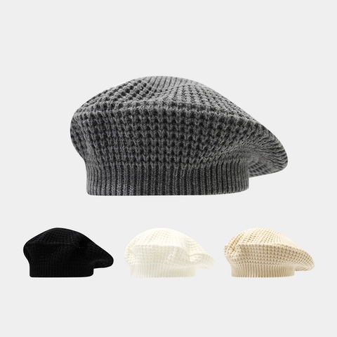 Women Knitted Beret Hat Acrylic Waffle Texture Solid Color Retro Simple Warm Winter Painter Cap Elegant Fashion