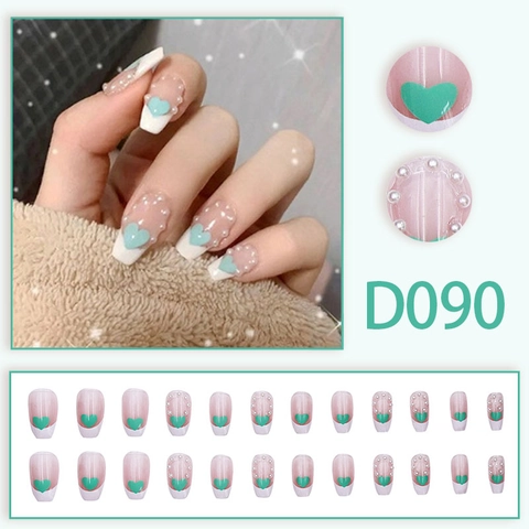 Unghie Finte Francesi Con Cuore Verde E Künstliche Perle Resina Unghie Artificiali Stile Elegante Semplice Per Ragazze