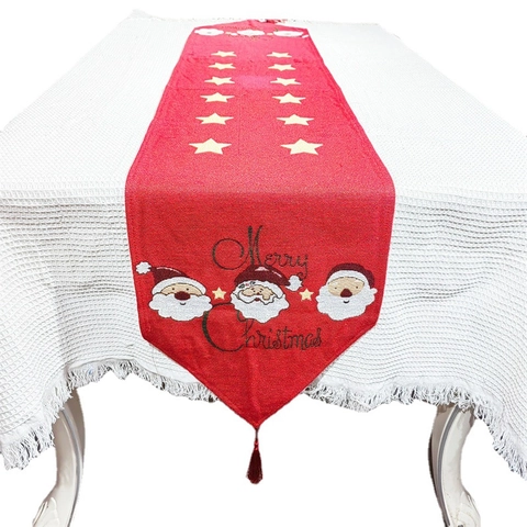 Christmas Table Runner Red Knitted Fabric Santa Claus Pattern Tassels Holiday Dining Party Home Decoration Accessory