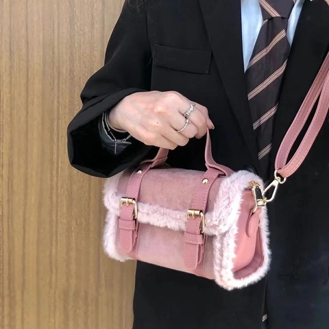Damen Plüsch Lammwolle Zylindrische Boston Tasche Wildleder PU Leder Patchwork Kontrastfarbe Umhängetasche Retro Süßer Stil