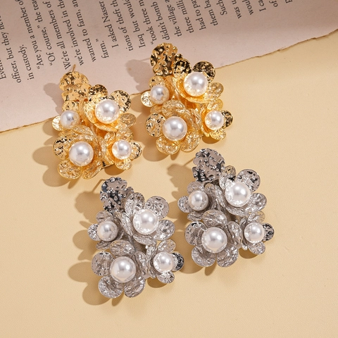 Flower Artificial Pearl Stud Earrings Hammered Texture Vintage Jewelry With 925 Sterling Silver Earring Post