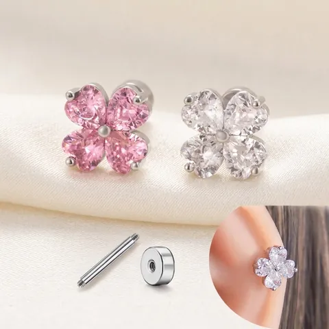Four Leaf Clover Cartilage Stud Earrings Heart Pink White Zircon Titanium Steel Copper Screw Back Sweet Style Women