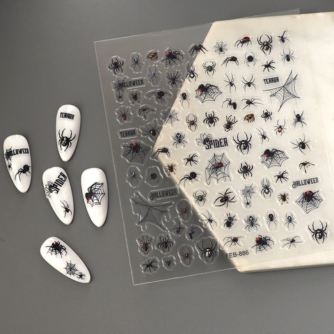 Halloween 5D Gaufré Autocollants Pour Ongles Araignée Toile Gothique Thème Sombre Imperméable Autocollants Décalcomanies