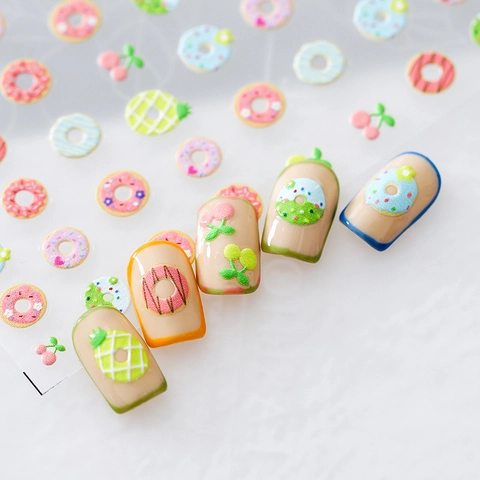 Autocollants Ongles Relief 5D Motifs Donuts Fruits Autocollants Décoration Manucure Pour Femmes Filles