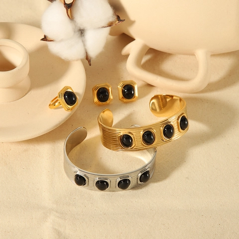 Retro Stainless Steel Black Gemstone Open Bangle Bracelet Adjustable Ring Stud Earrings Layered Necklace Vintage Fashion