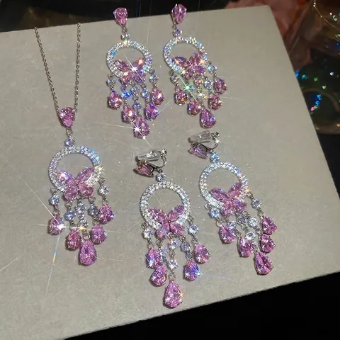Butterfly Tassel Necklace Earring Jewelry Set Copper Zircon Waterdrop French Elegant Style With Silver Earring Post