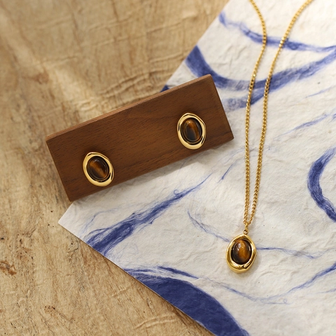 Vintage Natural Tiger Eye Stone Jewelry Set For Women Titanium Steel Gold Plated Coffee Bean Necklace Stud Earrings Set Elegant Maillard Style Accessory