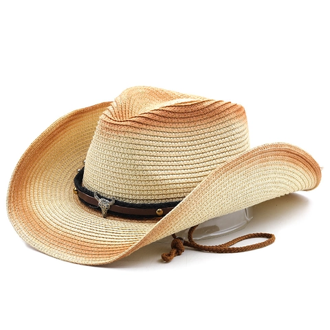 Gradient Cowboy Straw Hat Wide Brim Paper Woven Summer Sun Protection With Metal Bull Head And Adjustable Windproof Rope